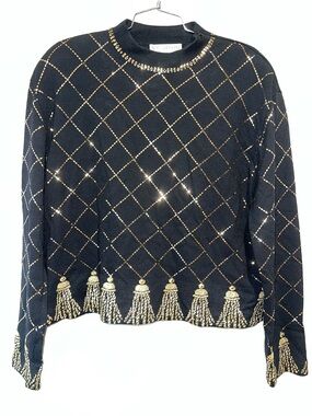 Vintage St. John Evening Gold Metallic Tassel Knit Sweater Top USA 14